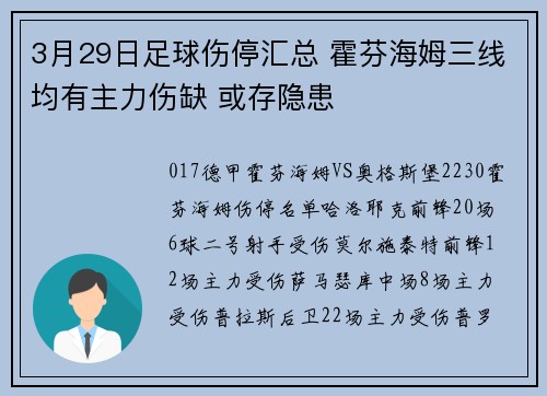3月29日足球伤停汇总 霍芬海姆三线均有主力伤缺 或存隐患
